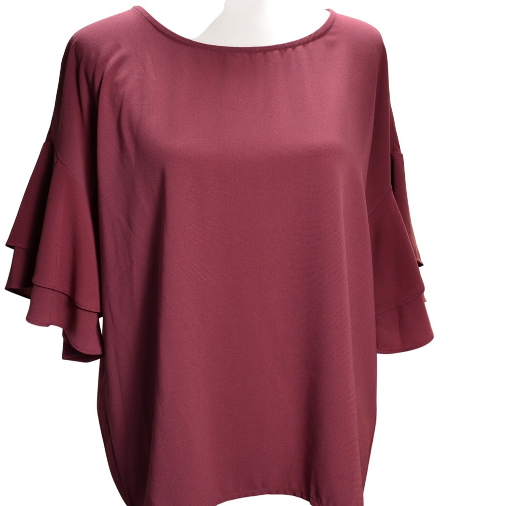 The Impeccable Pig Flowy Blouse‎ Deep Rose Mauve Ruffle Sleeve Romantic Large